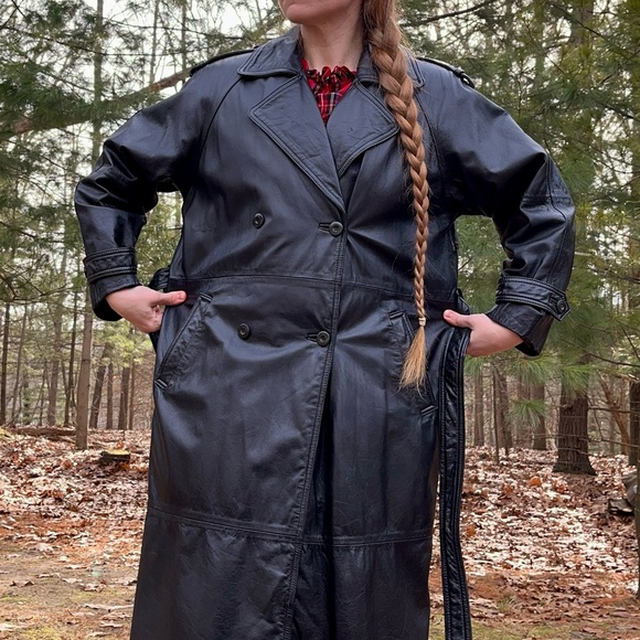 90s Wilsons Leather Maxi Trench Coat Black Men’s Size S - Picture 9 of 16